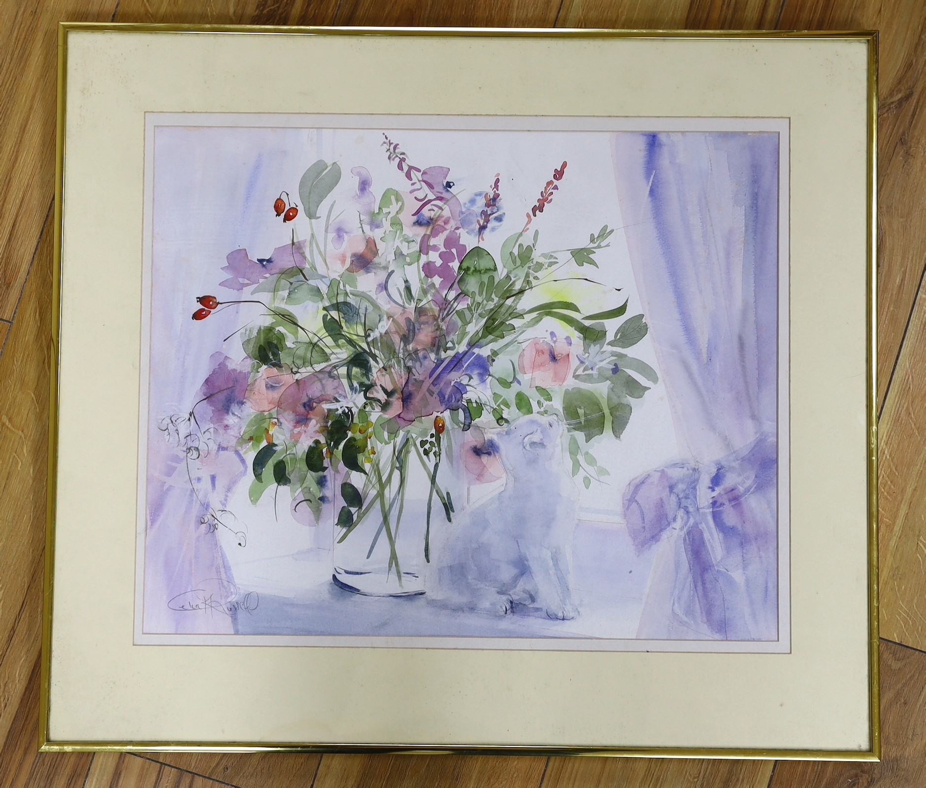 Celia K. Russell (b.1943), watercolour, Kitten beside a vase of flowers, signed, 37 x 46cm